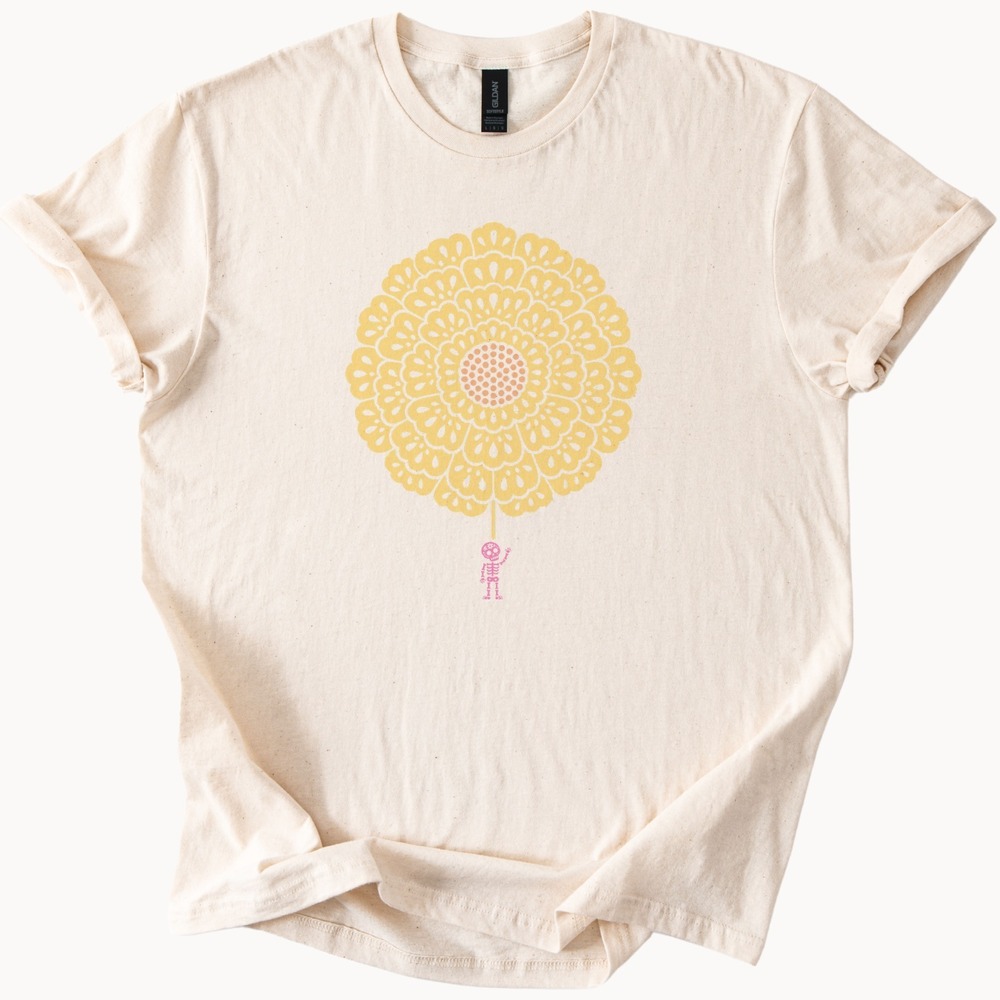Pink Skeleton Waving Beneath a Giant Bloom Tee